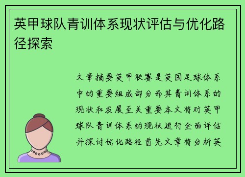英甲球队青训体系现状评估与优化路径探索